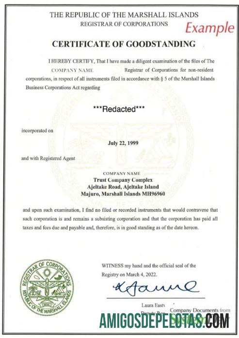 Exemplo de certificado de regularidade das Ilhas Marshall